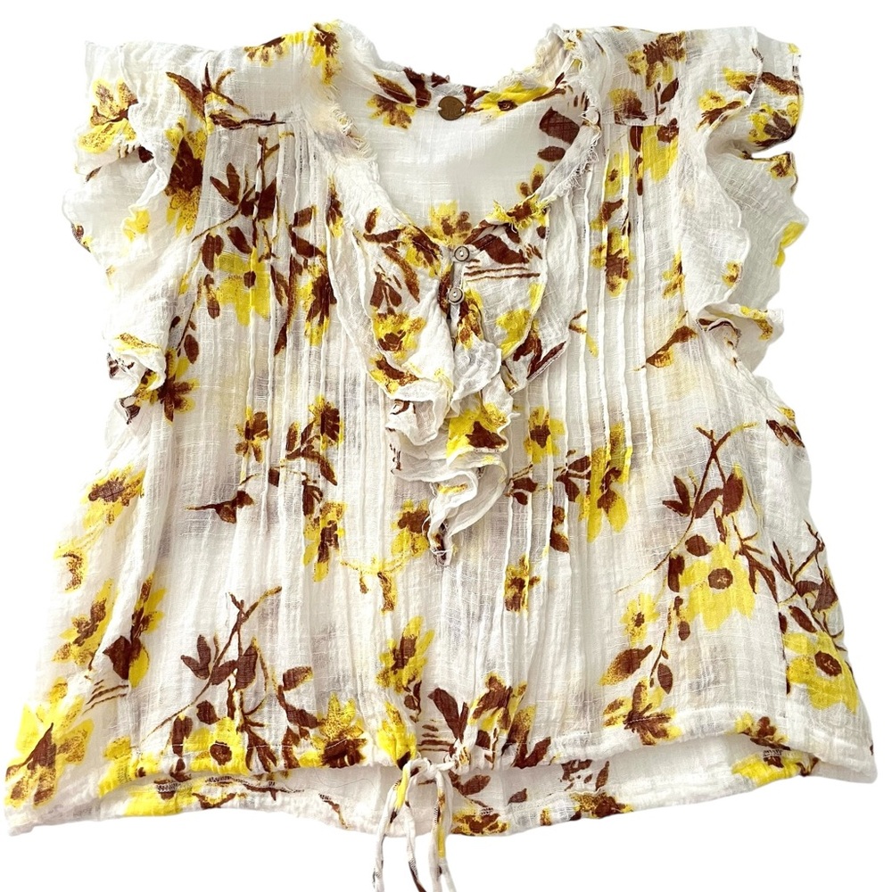Free People FP One Naya Gauze Yellow Floral Ruffle Tie Front Boho Top Small